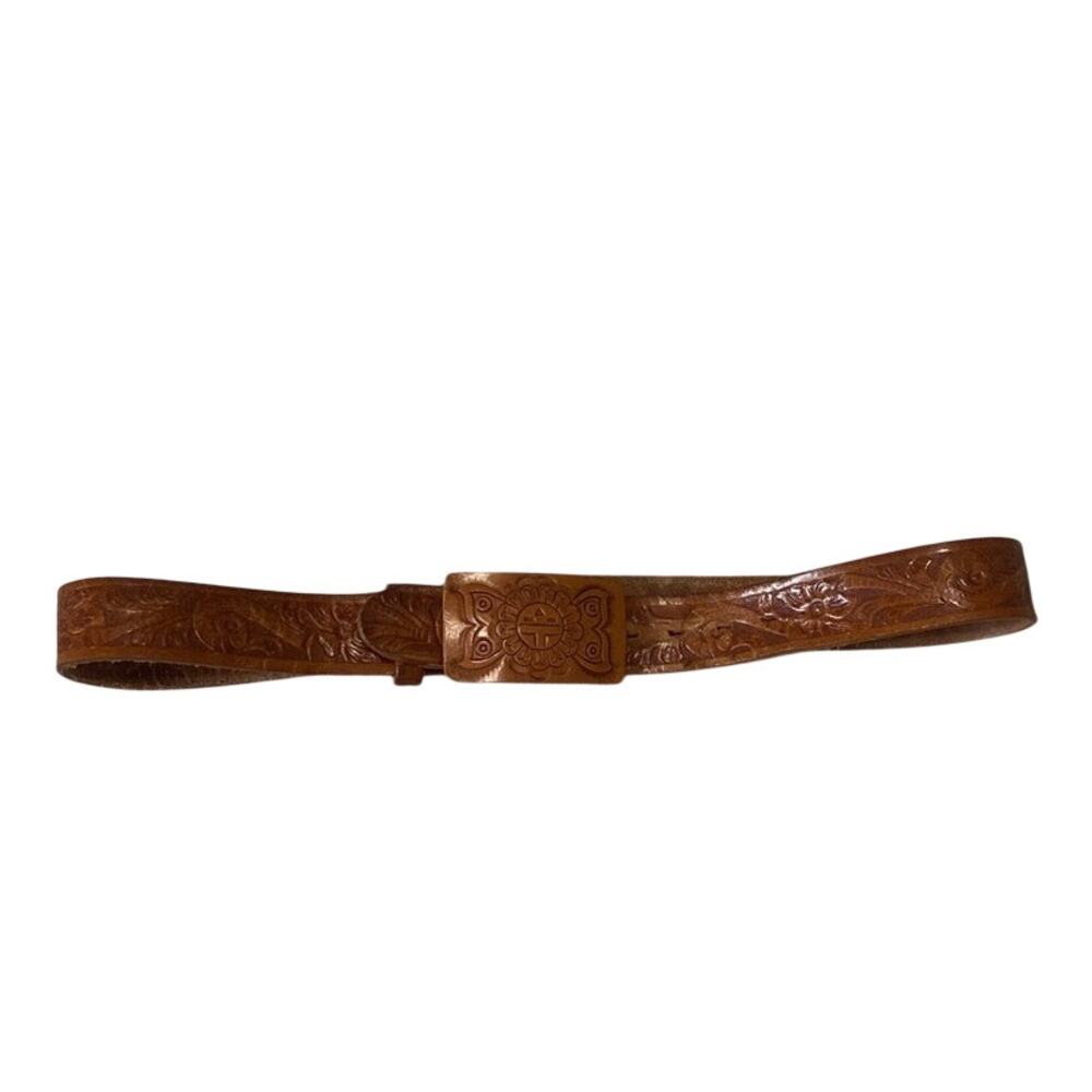 VTG Hand Tooled Leather Belt Size 34 Full Grain Cowhide Sun Face Stamped Unisex - Picture 1 of 12